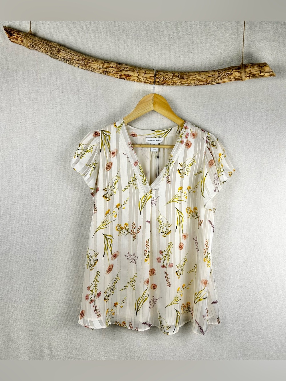 Cupcakes & Cashmere Floral Metallic Stripe Blouse NWT